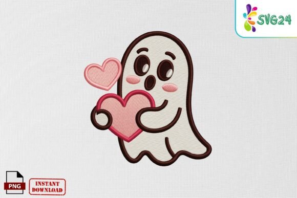 Evaluating the Cute Ghost with Hearts Embroidery PNG