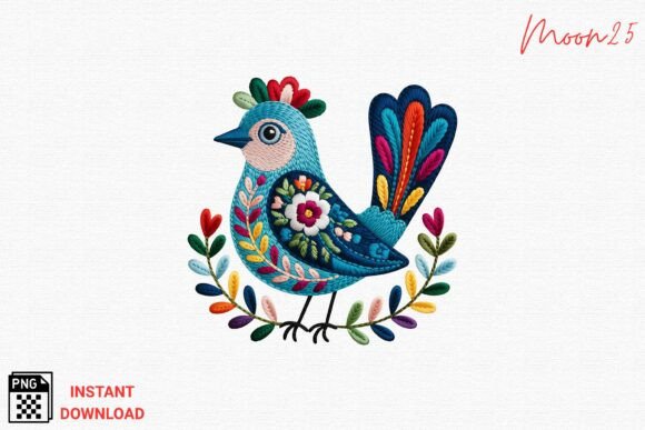 Folk Art Bird Embroidery Style PNG Review